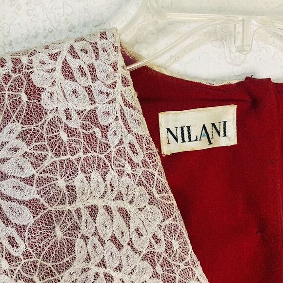 Vtg 80's Nilani Red Applique Lace Pleated Tea Dress Pearls Fancy‎ Party sz 11/12 - Picture 15 of 16